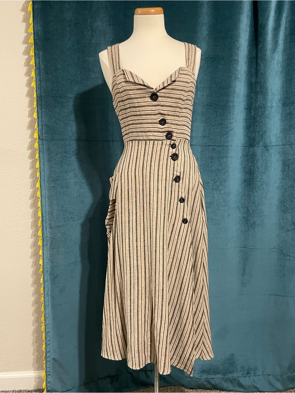 Eva Franco Striped Utility Midi Dress in Cream and Black Made in U.S.A